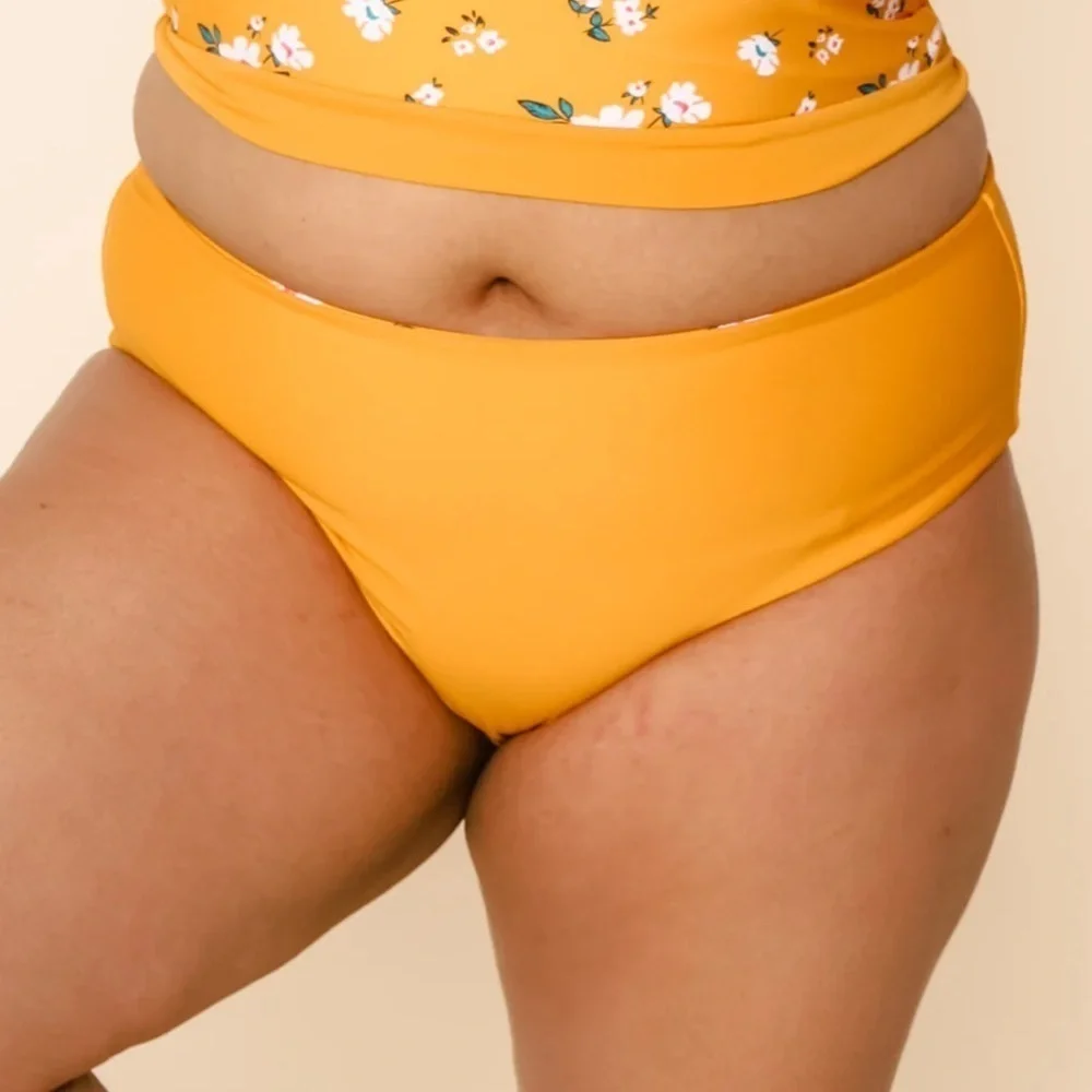 Coral Reef Lagoon Reversible High Waist Swim Bottoms Yellow Mango Floral XL
